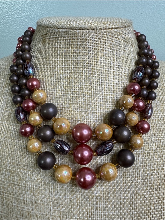 Vintage Jewelry - Vintage Multi-Strand Beaded Necklace in Rose, Brown and Yellow - Japan 1960’s